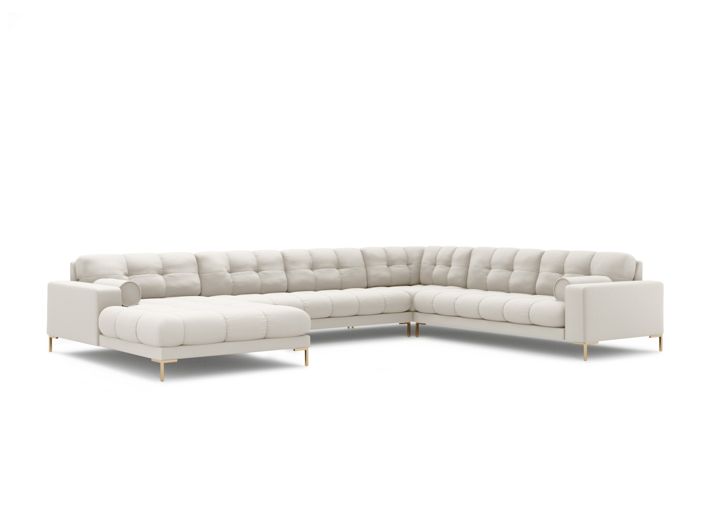 Cosmopolitan Design højrevendt panoramahjørnesofa, "Bali", 7-personers, 327 × 256 × 75 cm, Neve, guldfarvede metalben