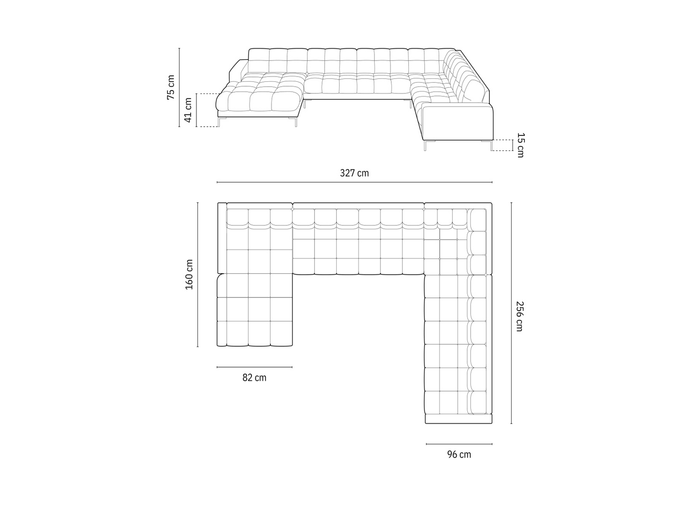 Cosmopolitan Design højrevendt panoramahjørnesofa, "Bali", 7-personers, 327 × 256 × 75 cm, Neve, guldfarvede metalben