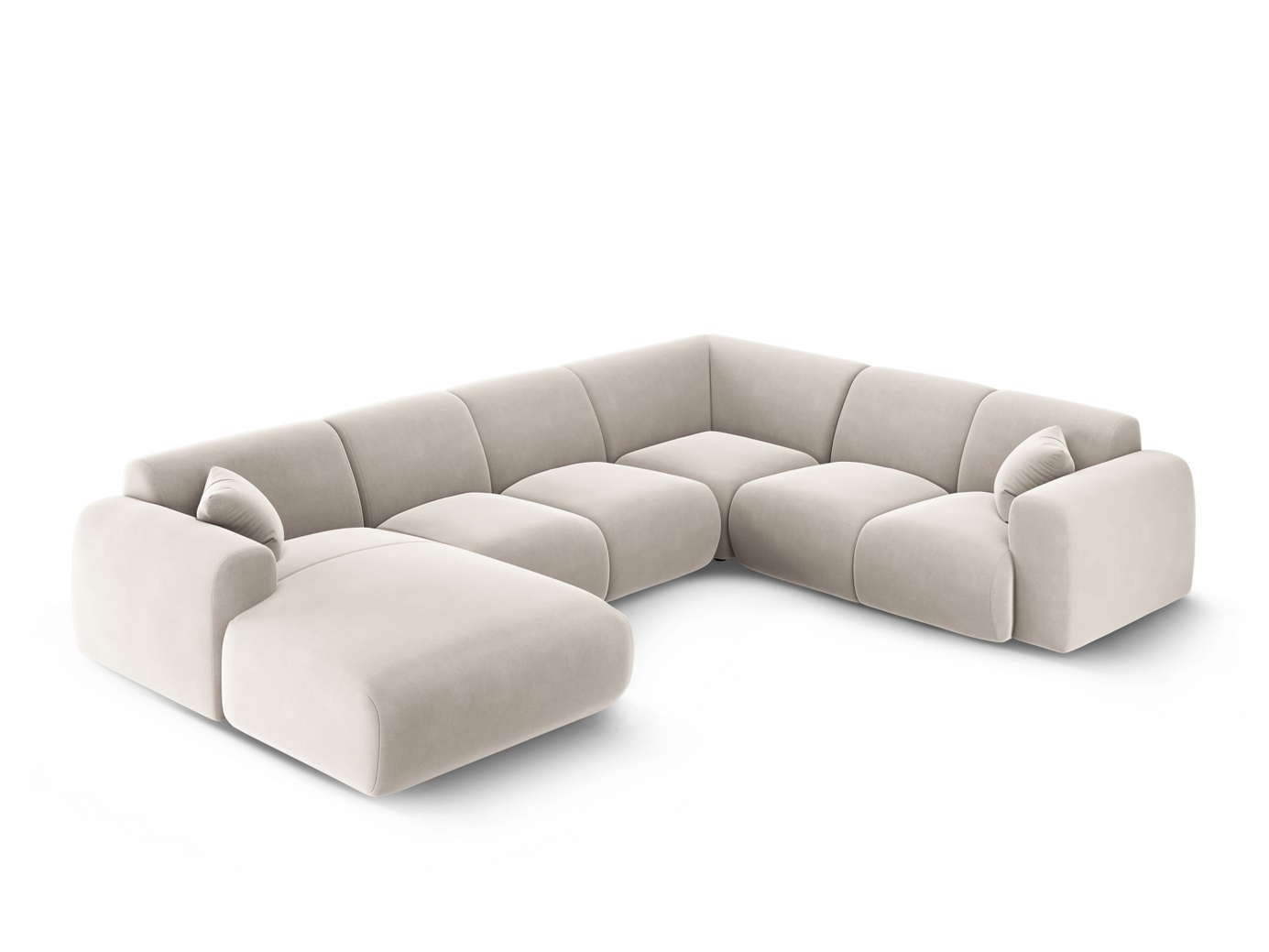 Cosmopolitan Design højrevendt velourpanoramahjørnesofa, "Nolio", 6-personers, 342 × 252 × 72 cm, Casino, sorte plastben