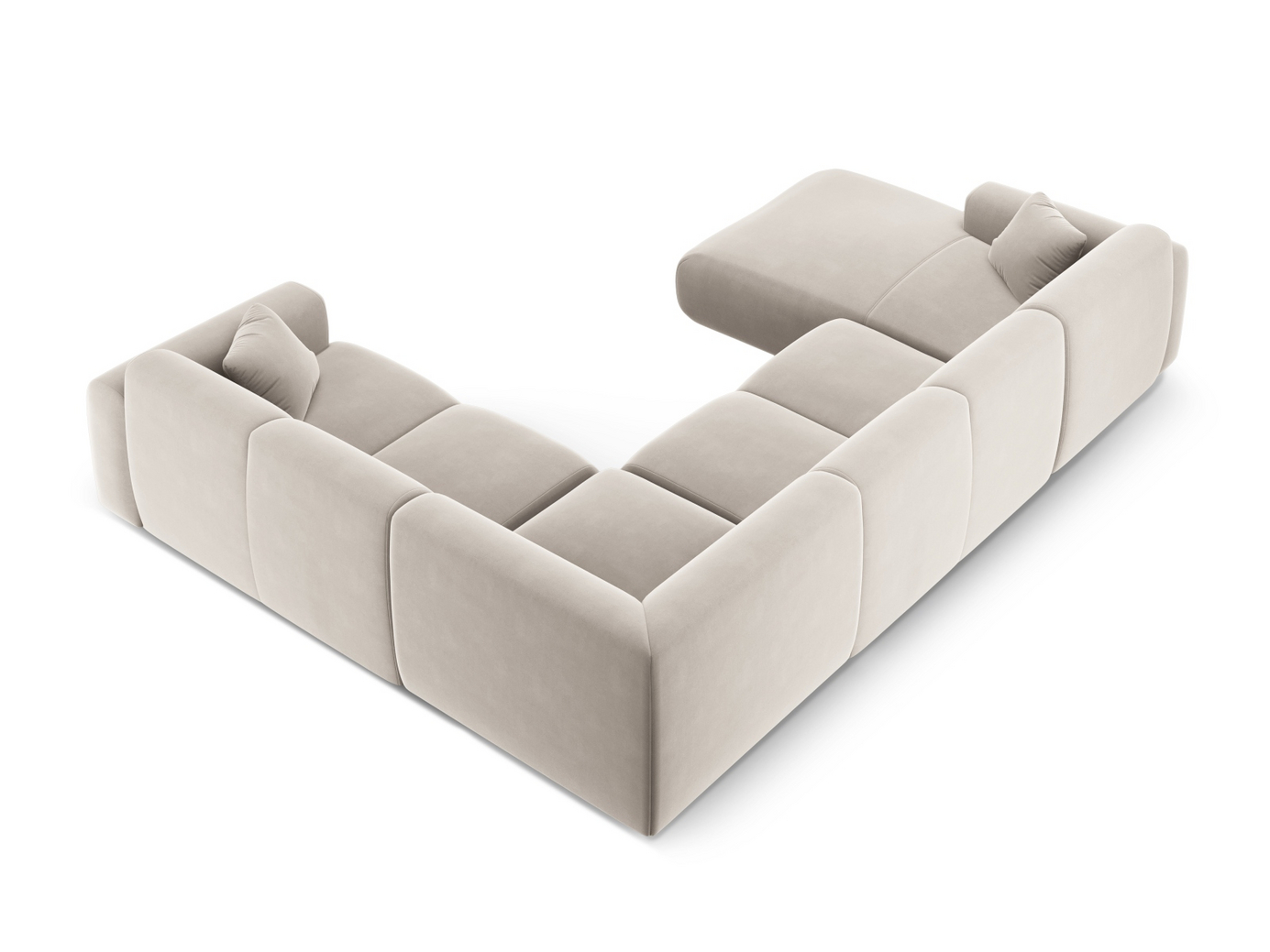 Cosmopolitan Design højrevendt velourpanoramahjørnesofa, "Nolio", 6-personers, 342 × 252 × 72 cm, Casino, sorte plastben