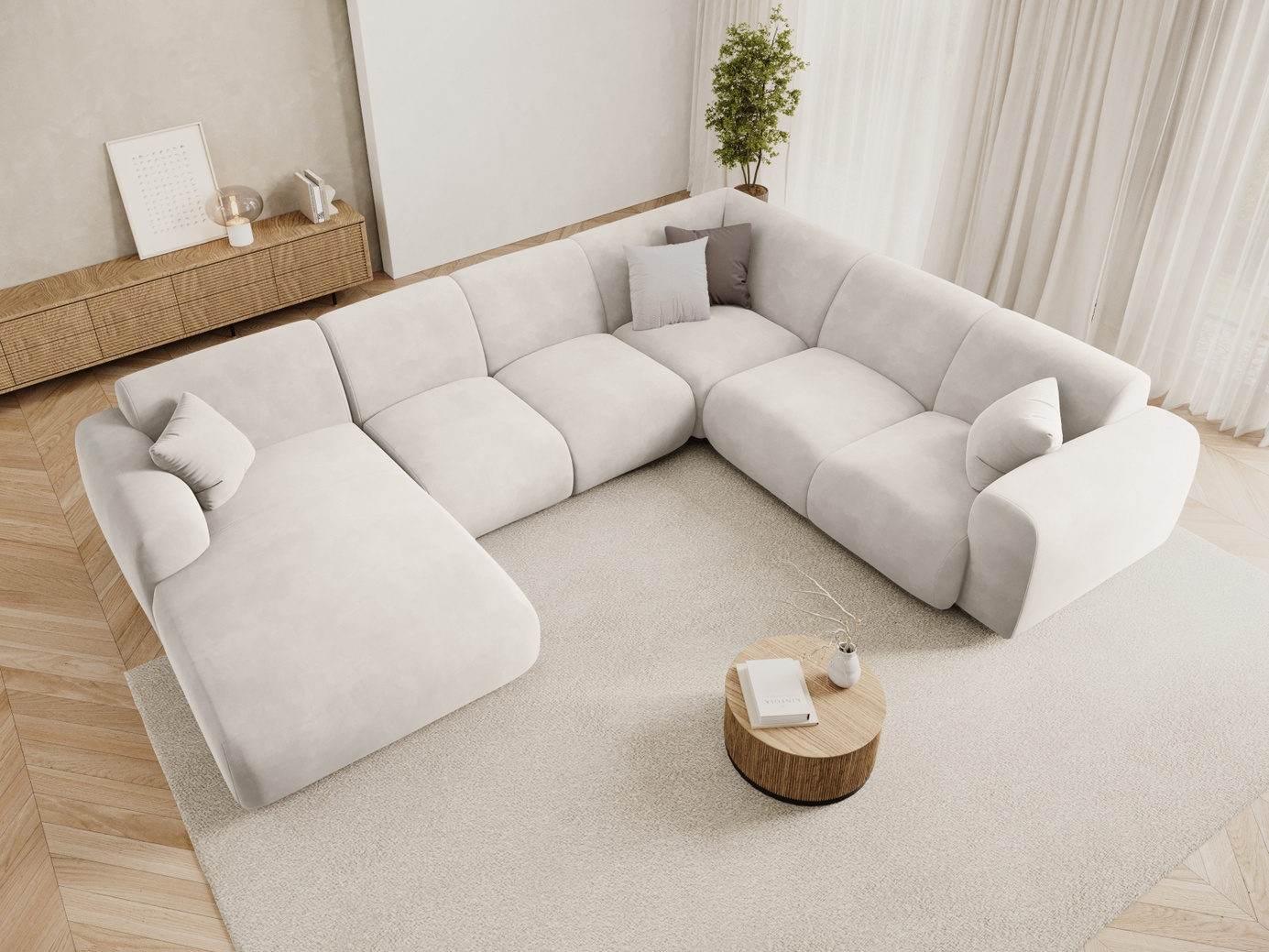 Cosmopolitan Design højrevendt velourpanoramahjørnesofa, "Nolio", 6-personers, 342 × 252 × 72 cm, Casino, sorte plastben