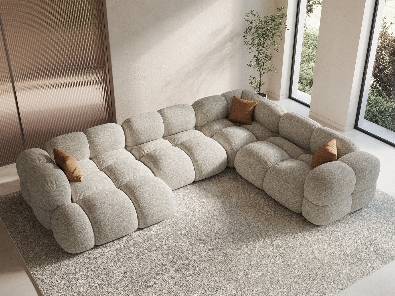 Cosmopolitan Design højrevendt panoramahjørnesofa, "Loretto", 5-personers, 345 × 250 × 68 cm, Sorella, sorte plastben