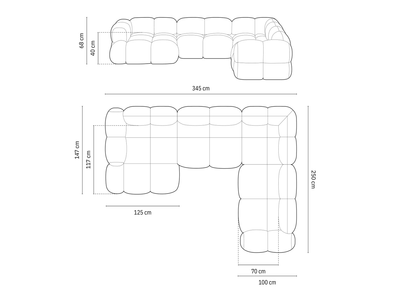 Cosmopolitan Design højrevendt panoramahjørnesofa, "Loretto", 5-personers, 345 × 250 × 68 cm, Sorella, sorte plastben