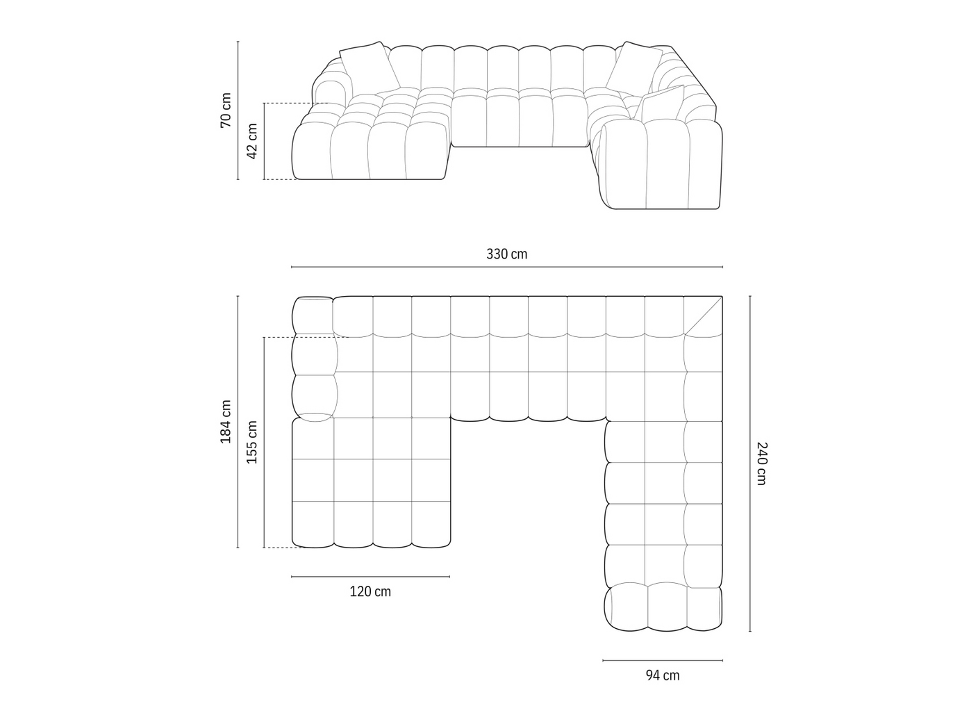 Cosmopolitan Design højrevendt panoramahjørnesofa, "Treno", 4-personers, 330 × 240 × 70 cm, Eden 10, sorte plastben