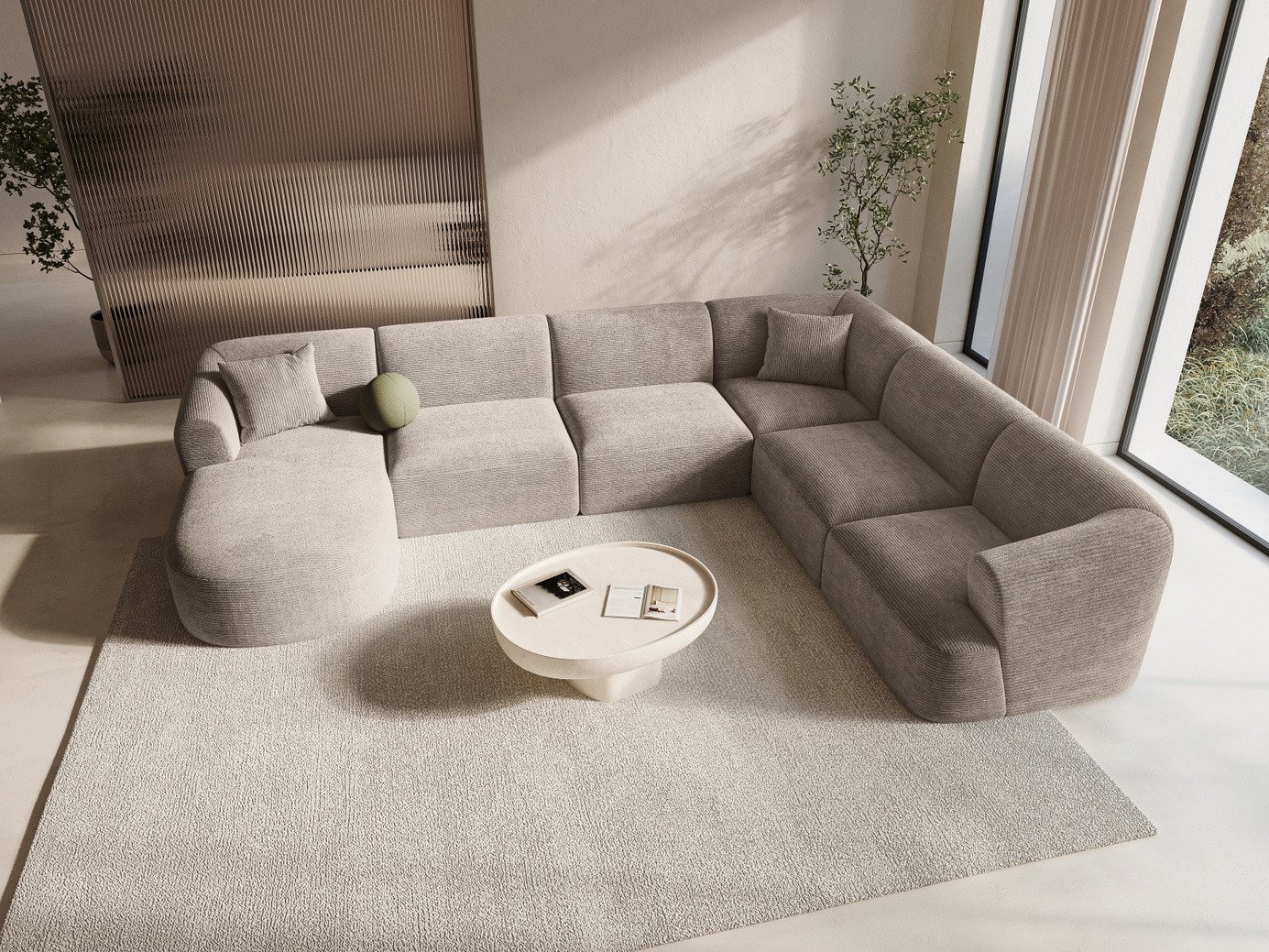Cosmopolitan Design højrevendt panoramamodulhjørnesofa, "Campi", 7-personers, 330 × 255 × 70 cm, Lincoln, sorte plastben