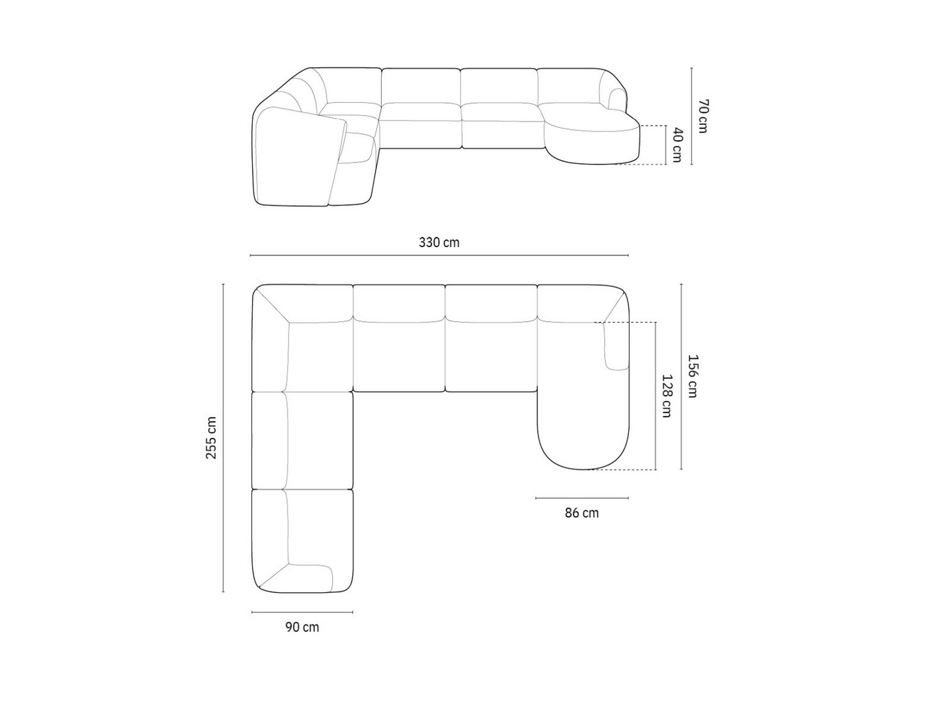 Cosmopolitan Design højrevendt panoramamodulhjørnesofa, "Campi", 7-personers, 330 × 255 × 70 cm, Lincoln, sorte plastben