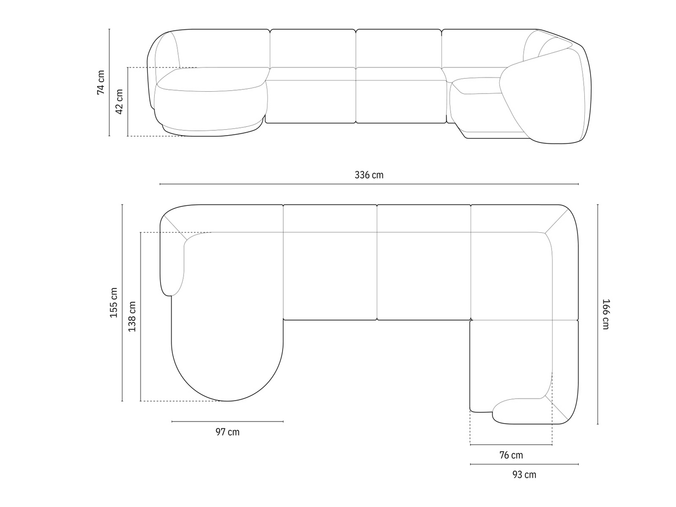 Cosmopolitan Design højrevendt velourpanoramahjørnesofa, "Gomera", 6-personers, 336 × 166 × 74 cm, Salvador, sorte plastben