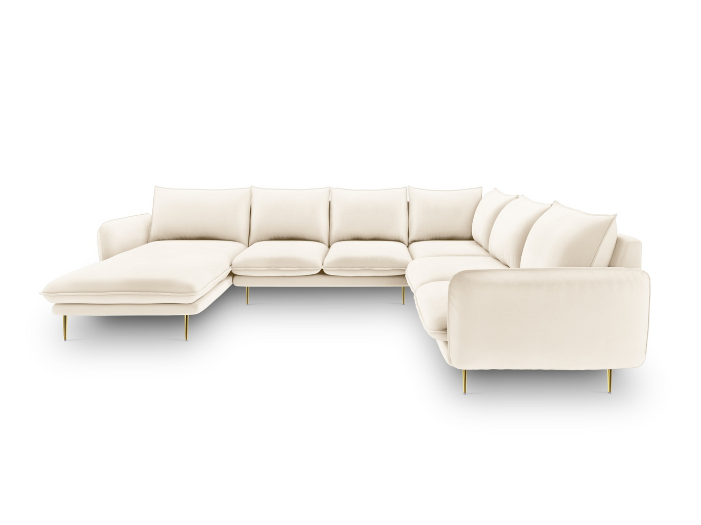 Cosmopolitan Design højrevendt velourpanoramahjørnesofa, "Vienna", 7-personers, 330 × 235 × 95 cm, Bluvel, guldfarvede metalben