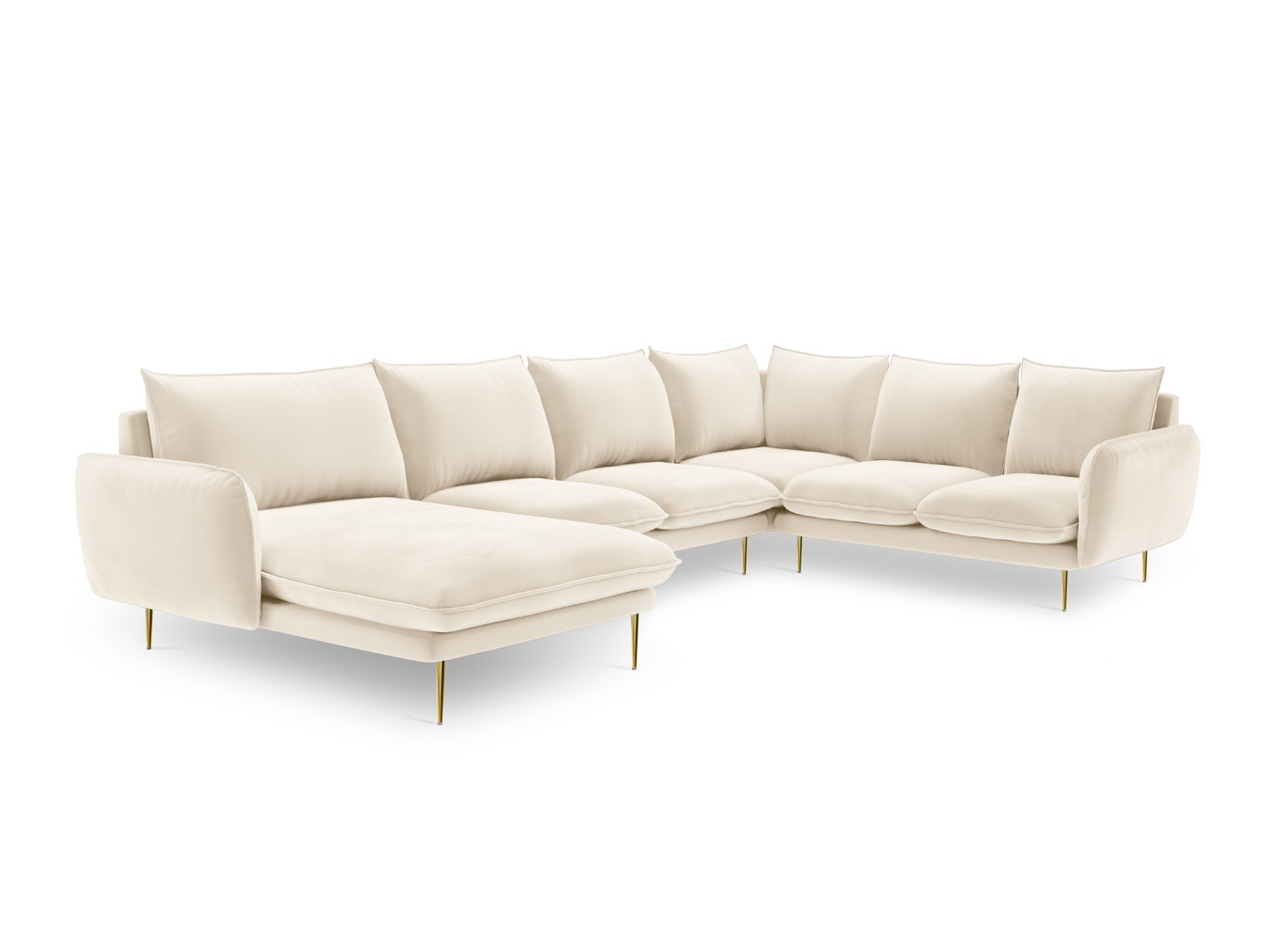 Cosmopolitan Design højrevendt velourpanoramahjørnesofa, "Vienna", 7-personers, 330 × 235 × 95 cm, Bluvel, guldfarvede metalben