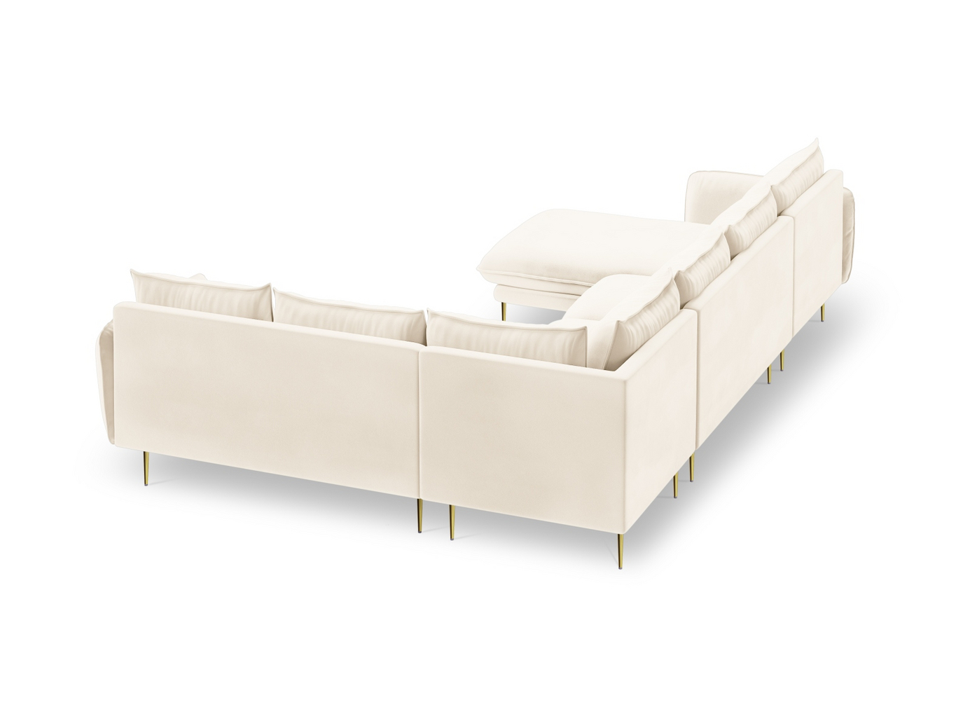 Cosmopolitan Design højrevendt velourpanoramahjørnesofa, "Vienna", 7-personers, 330 × 235 × 95 cm, Bluvel, guldfarvede metalben