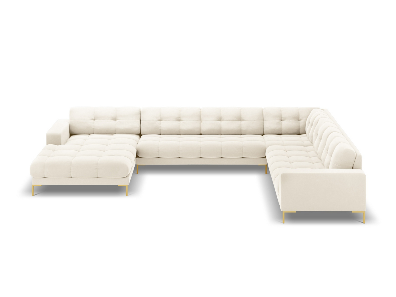 Cosmopolitan Design højrevendt velourpanoramahjørnesofa, "Bali", 7-personers, 327 × 256 × 75 cm, Bluvel, guldfarvede metalben