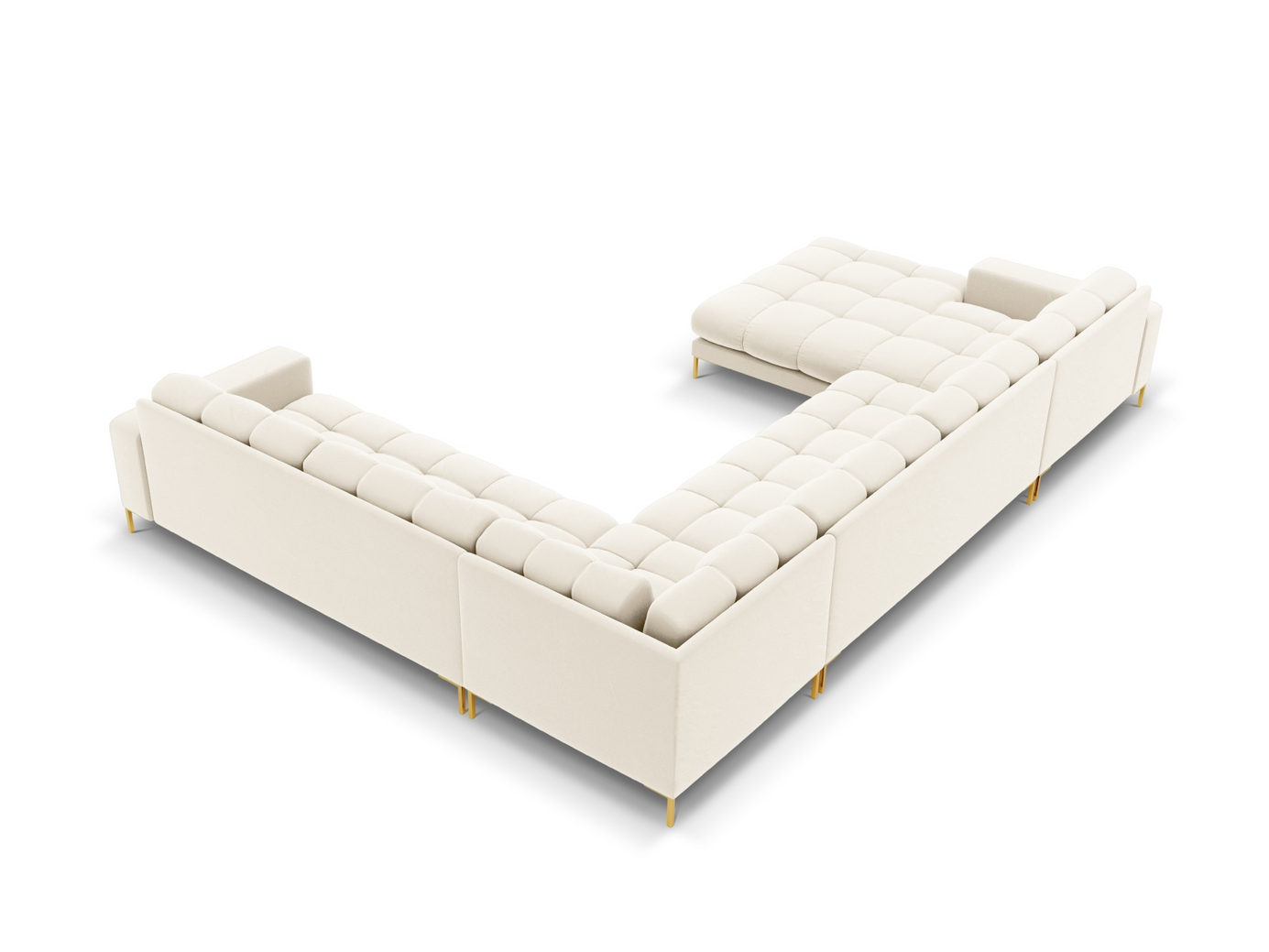 Cosmopolitan Design højrevendt velourpanoramahjørnesofa, "Bali", 7-personers, 327 × 256 × 75 cm, Bluvel, guldfarvede metalben