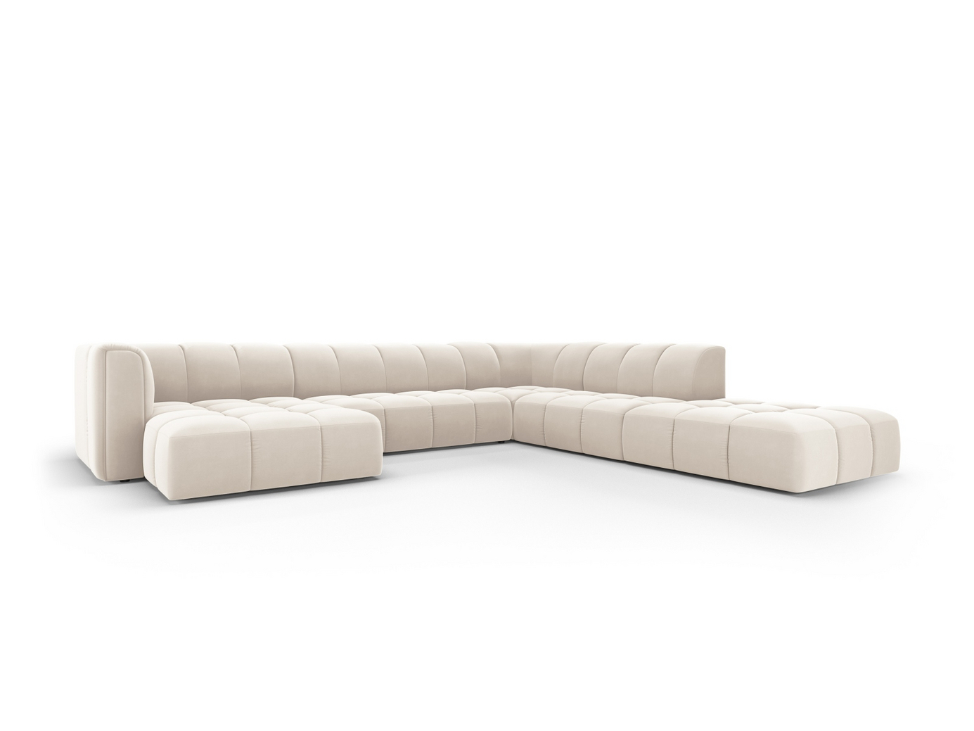 Cosmopolitan Design højrevendt velourpanoramamodulhjørnesofa, "Moritz", 7-personers, 329 × 276 × 70 cm, Bluvel, sorte plastben