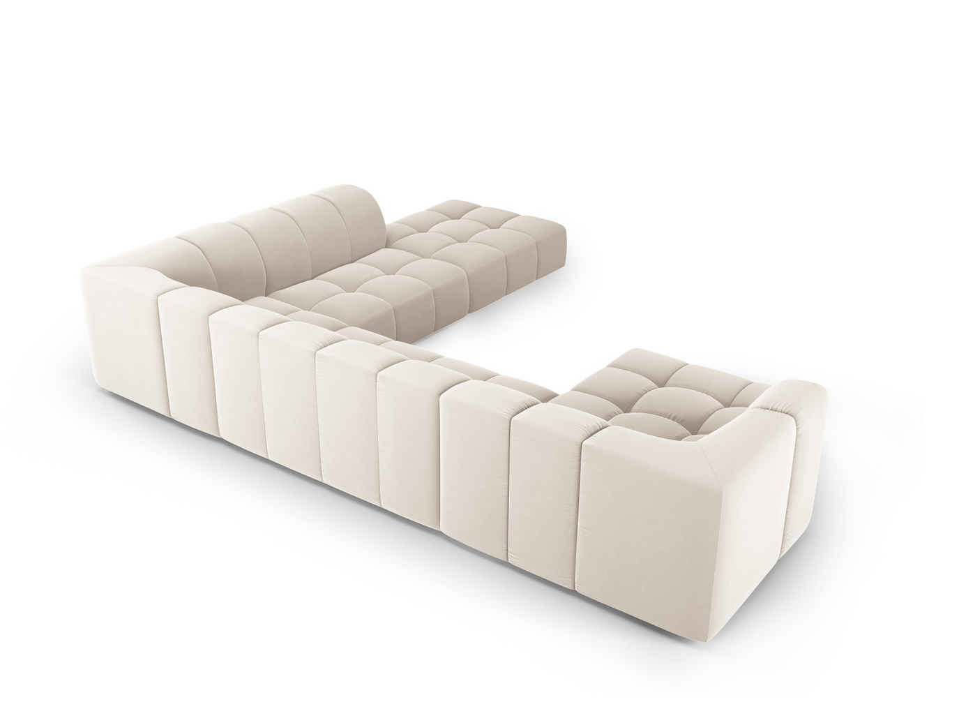 Cosmopolitan Design højrevendt velourpanoramamodulhjørnesofa, "Moritz", 7-personers, 329 × 276 × 70 cm, Bluvel, sorte plastben
