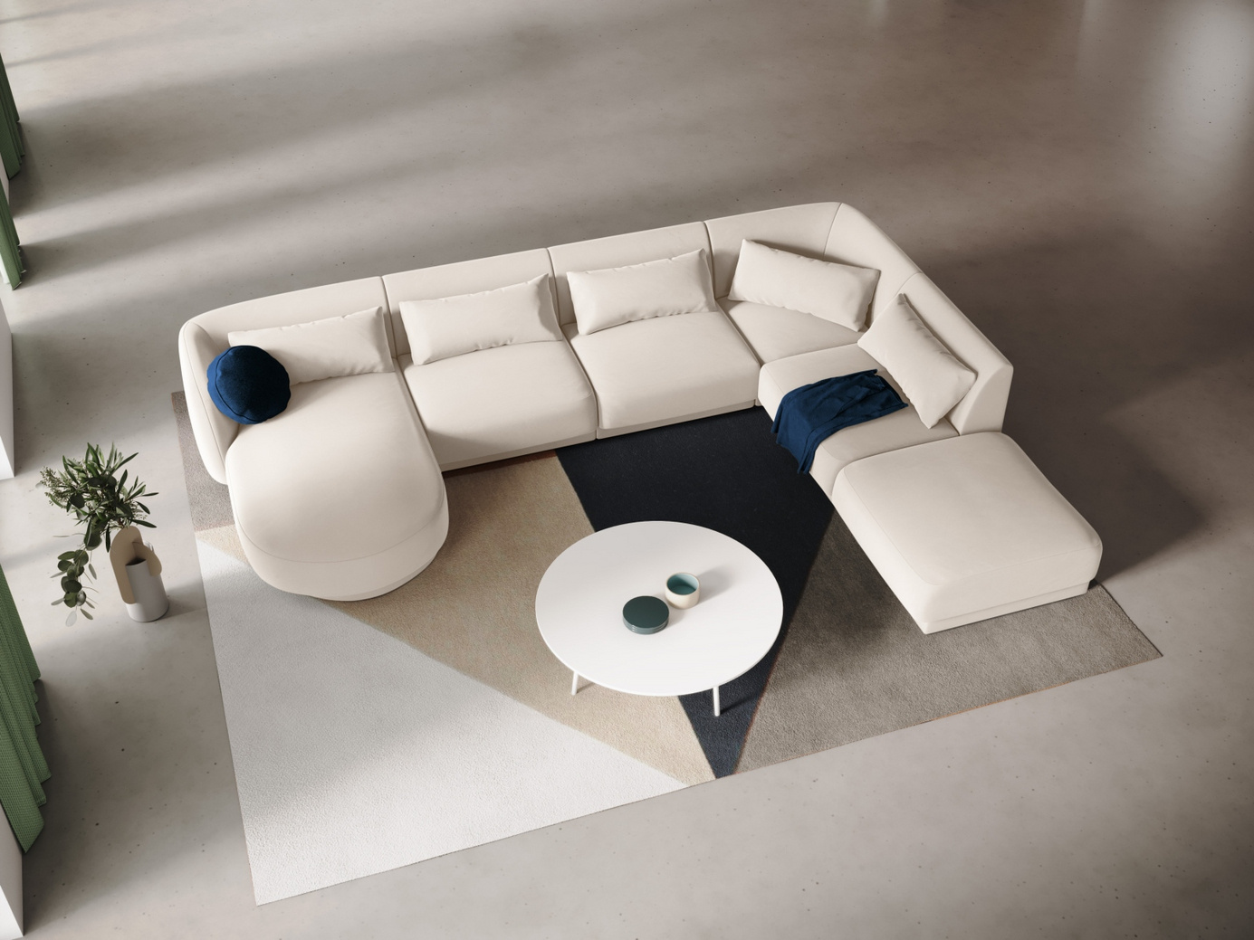Cosmopolitan Design højrevendt velourpanoramahjørnesofa, "Tulum", 6-personers, 330 × 255 × 70 cm, Bluvel, sorte plastben