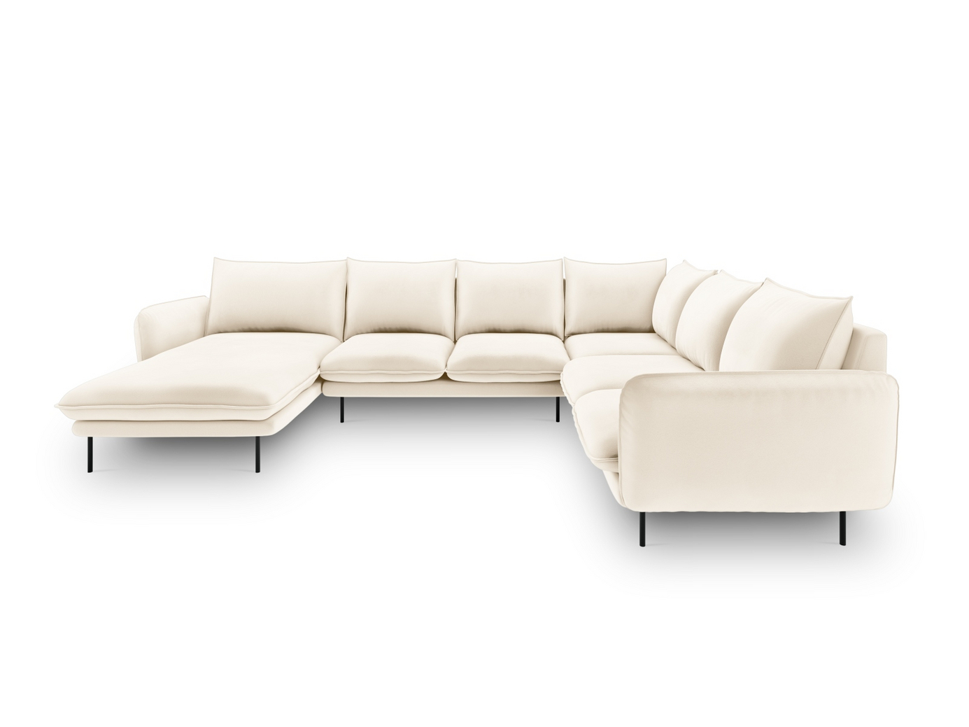 Cosmopolitan Design højrevendt velourpanoramahjørnesofa, "Vienna", 7-personers, 330 × 235 × 95 cm, Bluvel, sorte metalben