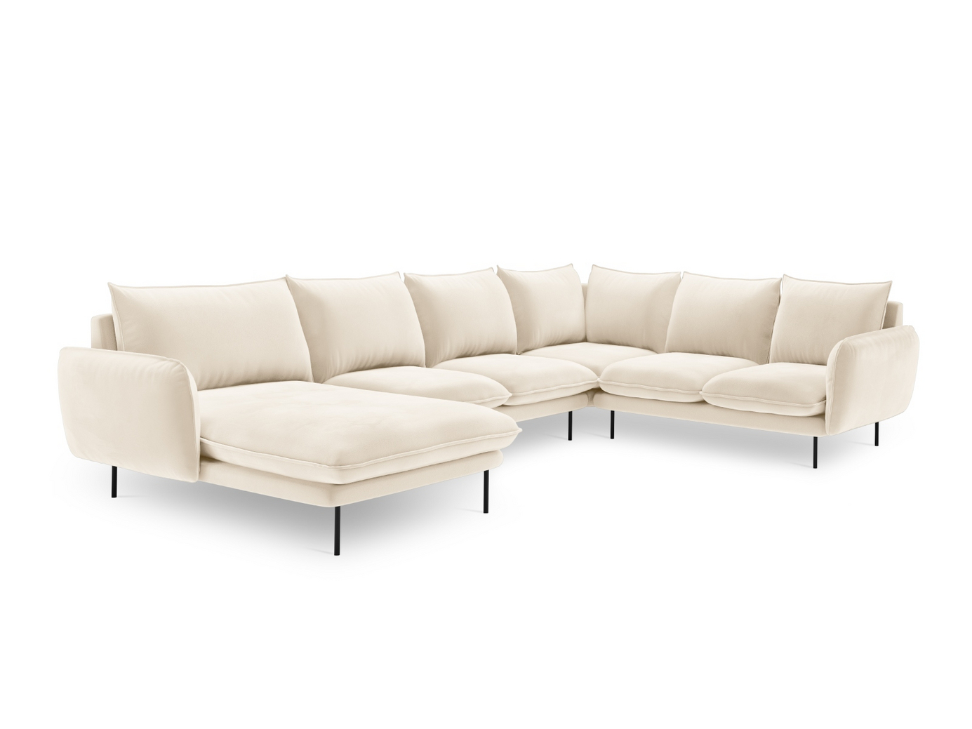 Cosmopolitan Design højrevendt velourpanoramahjørnesofa, "Vienna", 7-personers, 330 × 235 × 95 cm, Bluvel, sorte metalben
