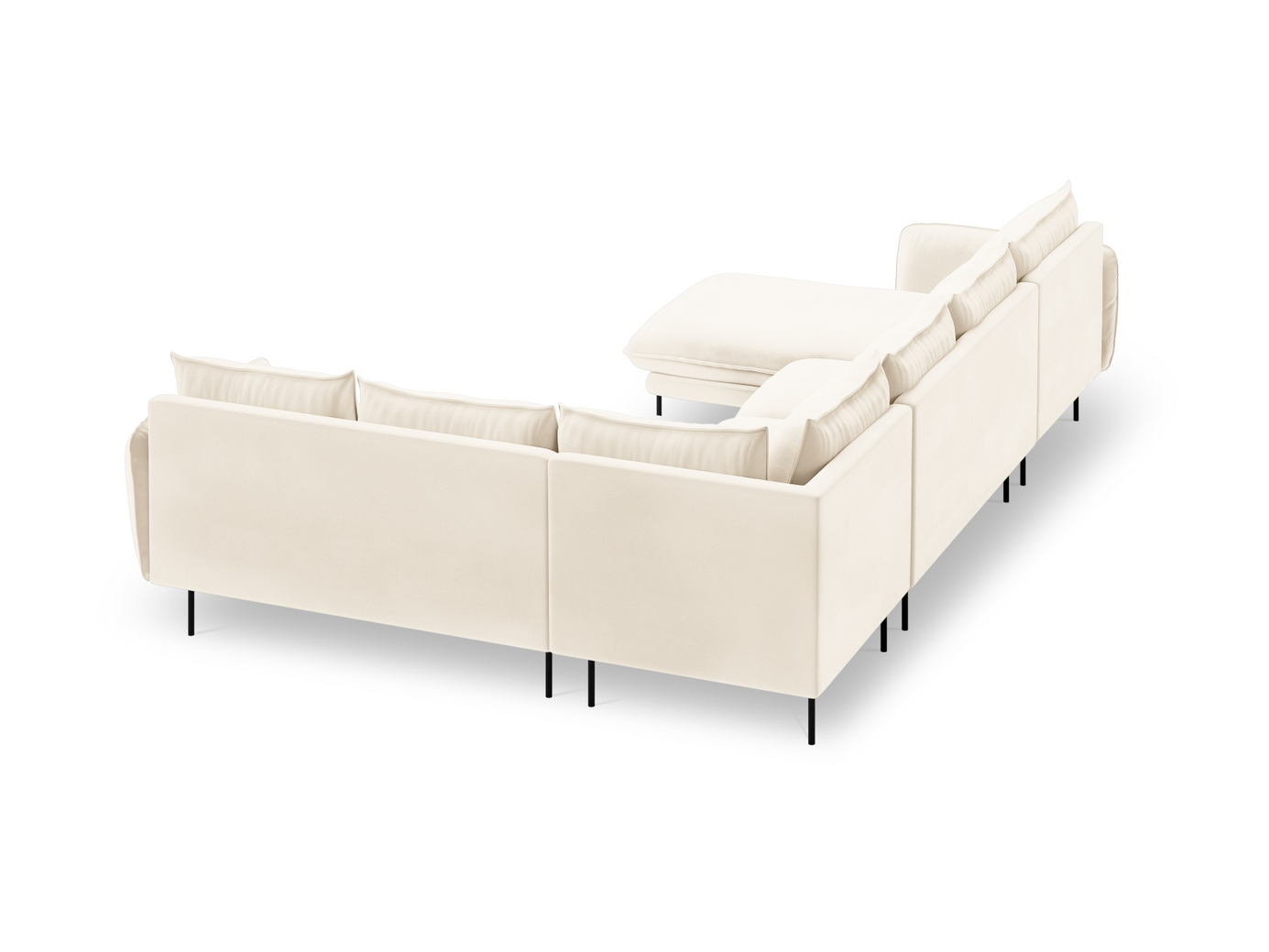 Cosmopolitan Design højrevendt velourpanoramahjørnesofa, "Vienna", 7-personers, 330 × 235 × 95 cm, Bluvel, sorte metalben