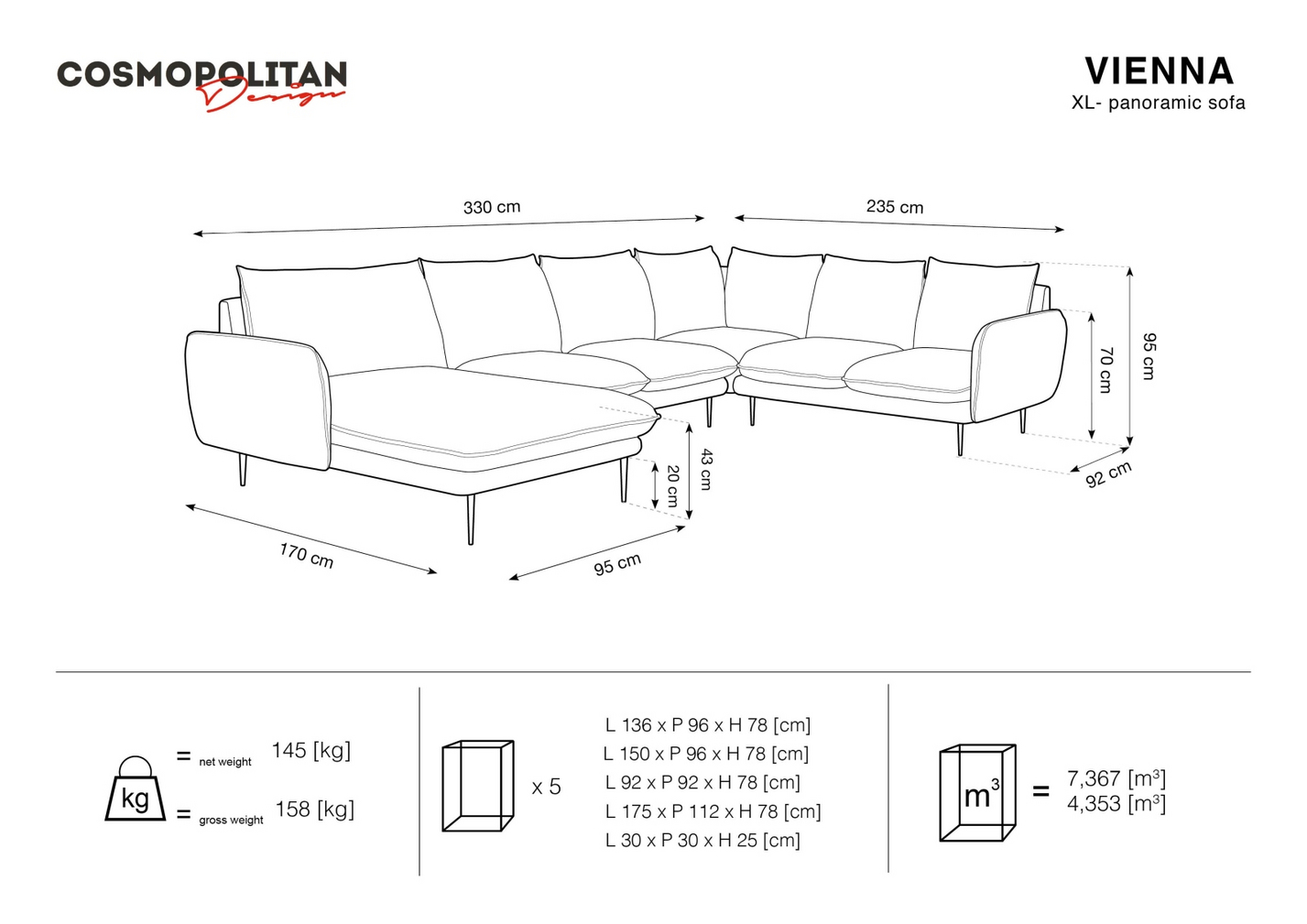 Cosmopolitan Design højrevendt velourpanoramahjørnesofa, "Vienna", 7-personers, 330 × 235 × 95 cm, Bluvel, sorte metalben