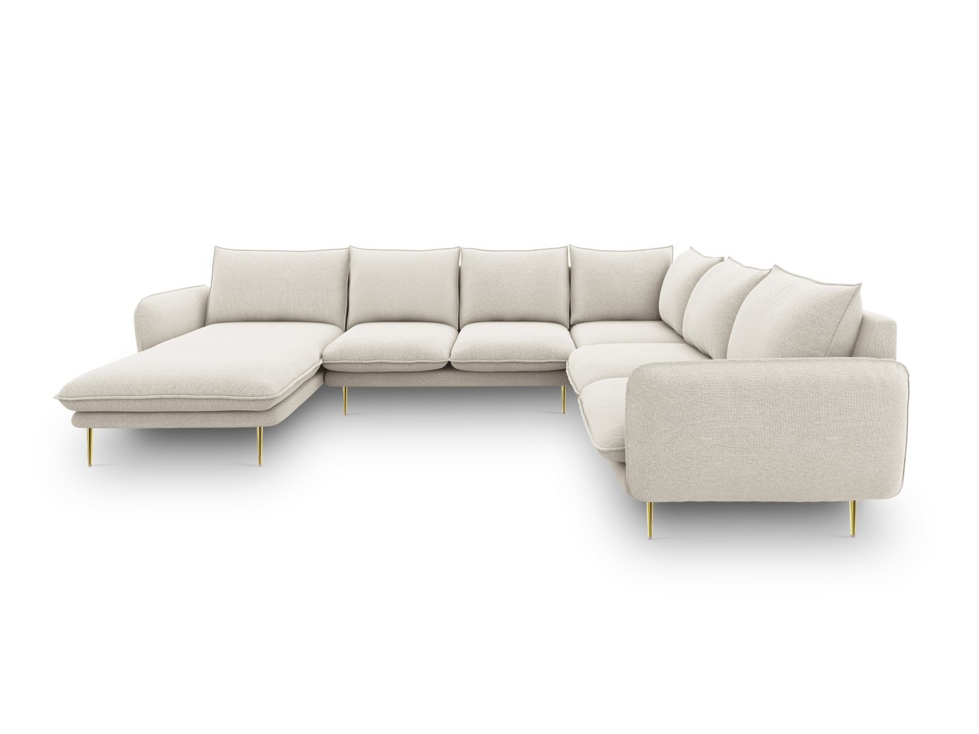 Cosmopolitan Design højrevendt panoramahjørnesofa, "Vienna", 7-personers, 330 × 235 × 95 cm, Positano, guldfarvede metalben