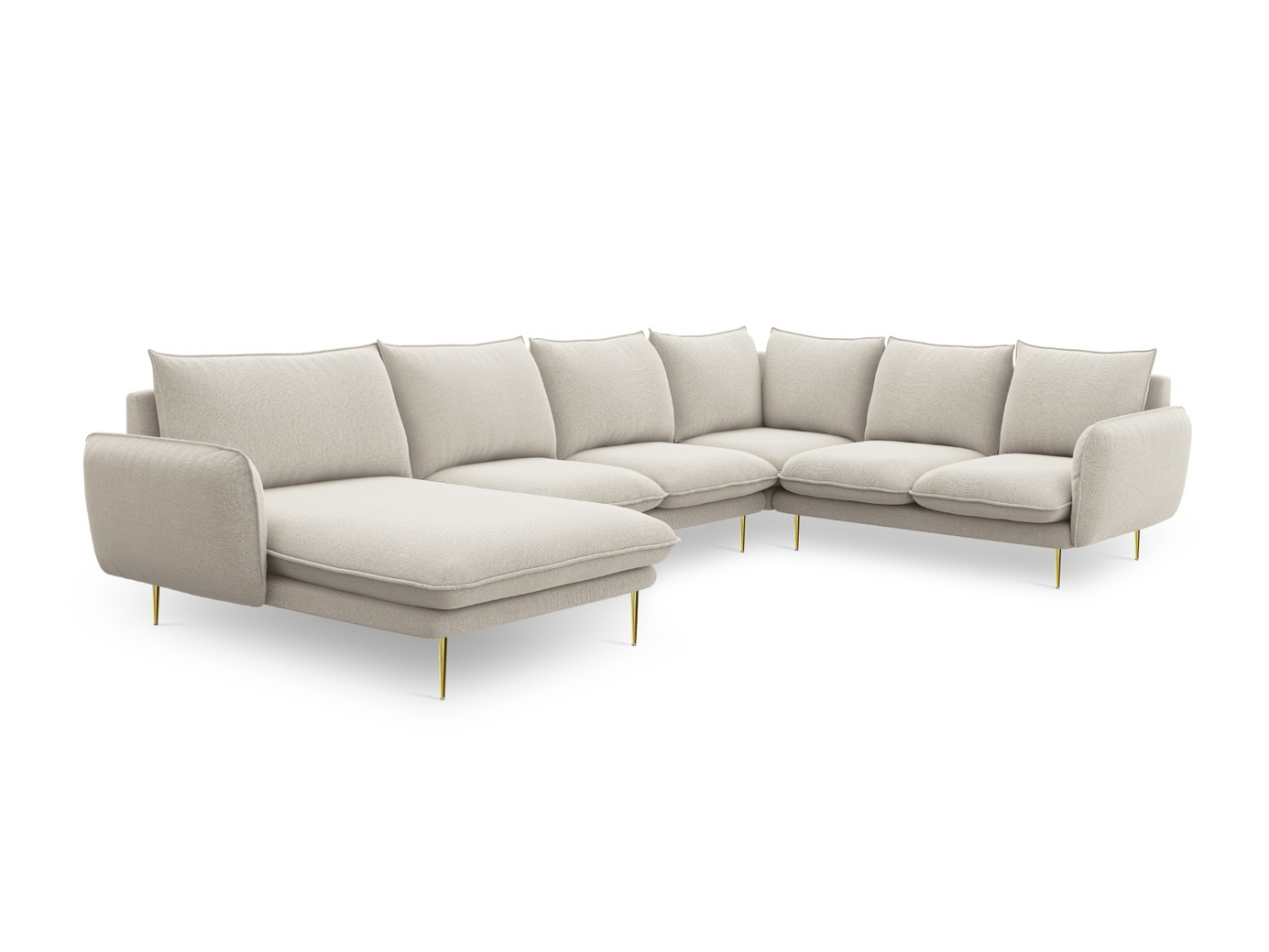Cosmopolitan Design højrevendt panoramahjørnesofa, "Vienna", 7-personers, 330 × 235 × 95 cm, Positano, guldfarvede metalben