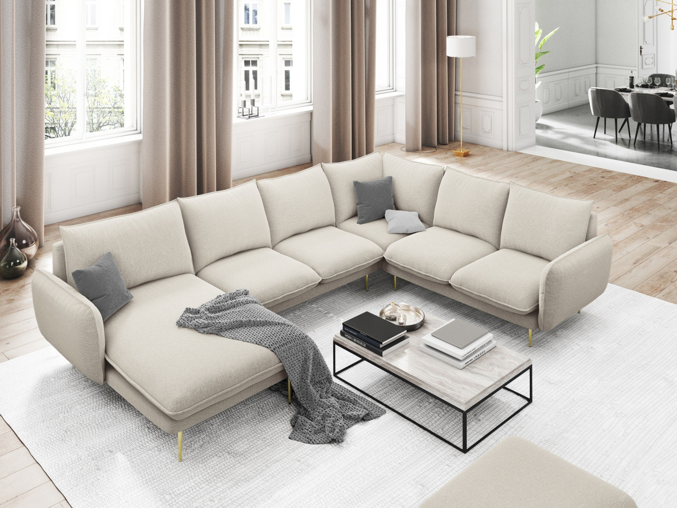 Cosmopolitan Design højrevendt panoramahjørnesofa, "Vienna", 7-personers, 330 × 235 × 95 cm, Positano, guldfarvede metalben