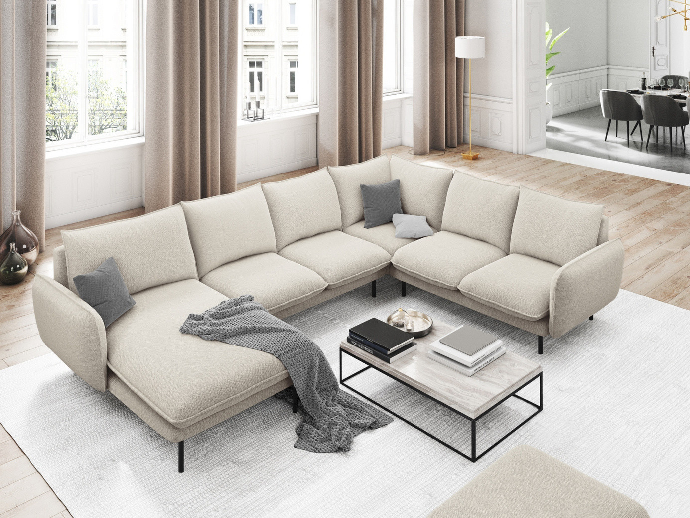 Cosmopolitan Design højrevendt panoramahjørnesofa, "Vienna", 7-personers, 330 × 235 × 95 cm, Positano, sorte metalben
