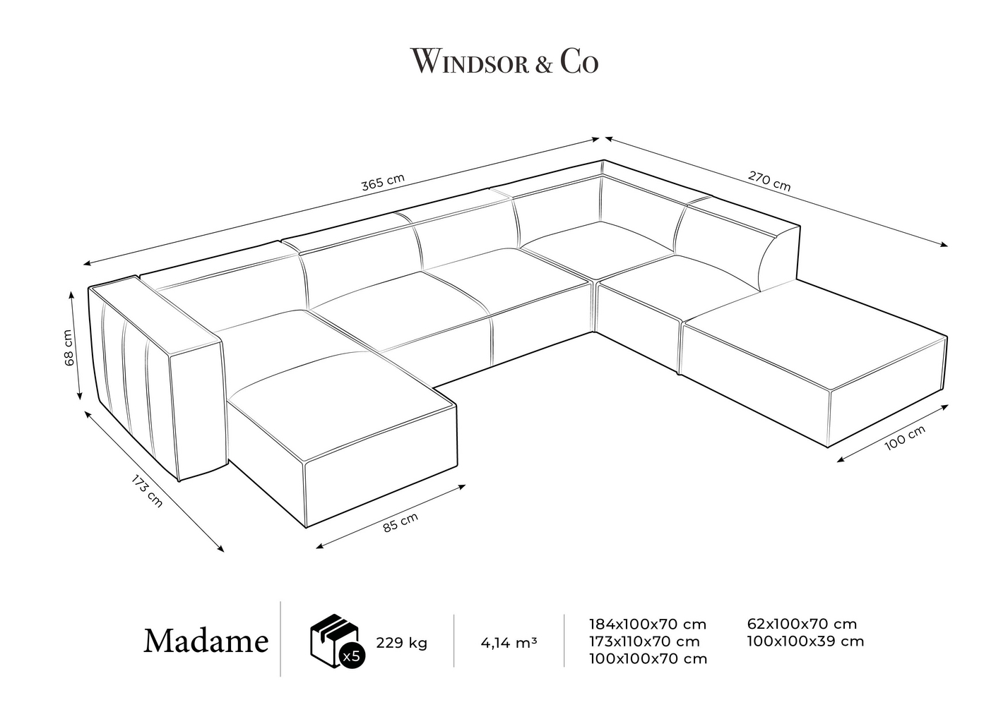 Cosmopolitan Design højrevendt ægte læder panoramahjørnesofa, "Turin", 6-personers, 365 × 270 × 68 cm, Granada, ben i sort bøg