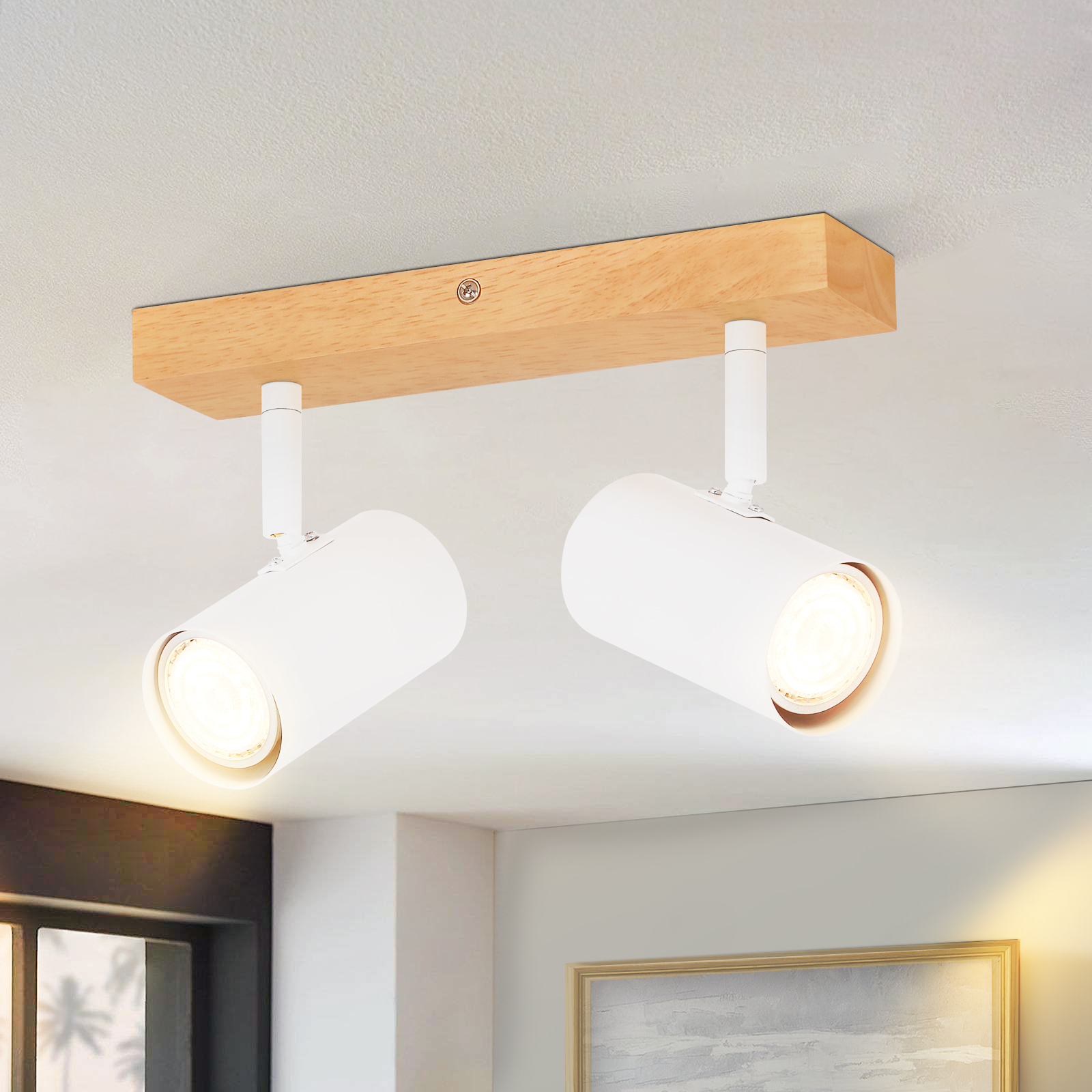 NETTLIFE loftspotlight 2 lamper, træ, GU10, hvid, moderne indendørs entrélampe, 350°, spotlight til stue, soveværelse