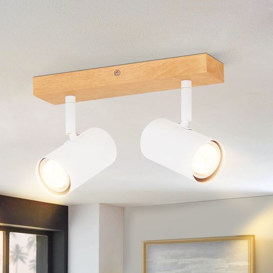 NETTLIFE loftspotlight 2 lamper, træ, GU10, hvid, moderne indendørs entrélampe, 350°, spotlight til stue, soveværelse