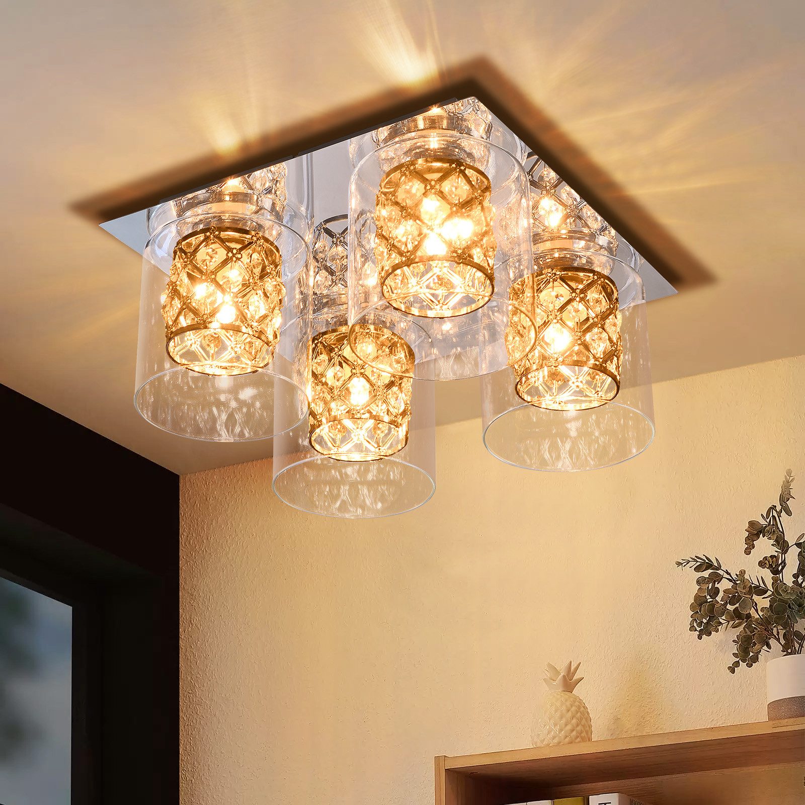 NETTLIFE moderne loftslampe til stue med G9-krystaller og glasskærm, soveværelse, lampe