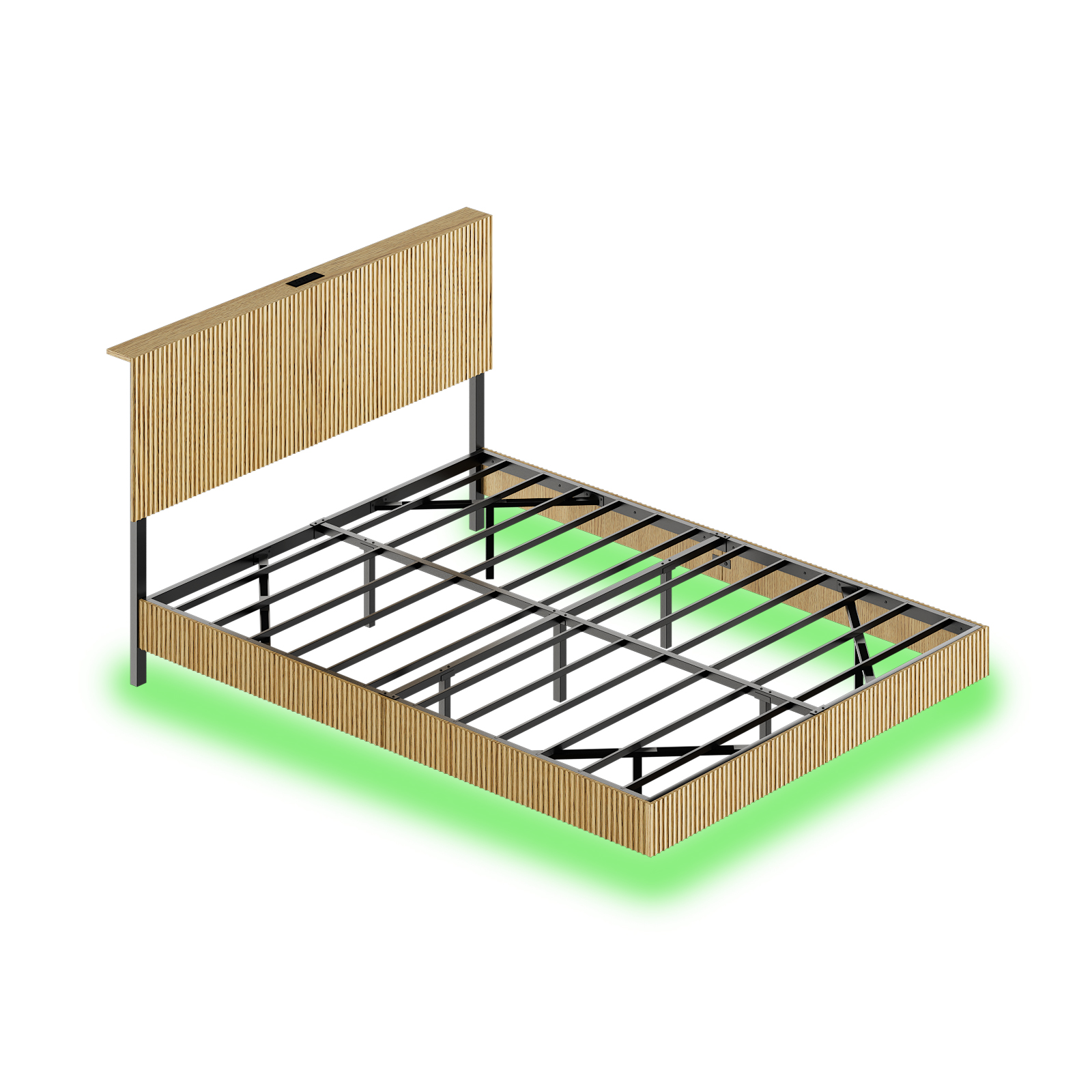 seng 140x200 cm naturlig træ metal med led-belysning og opbevaringsplads