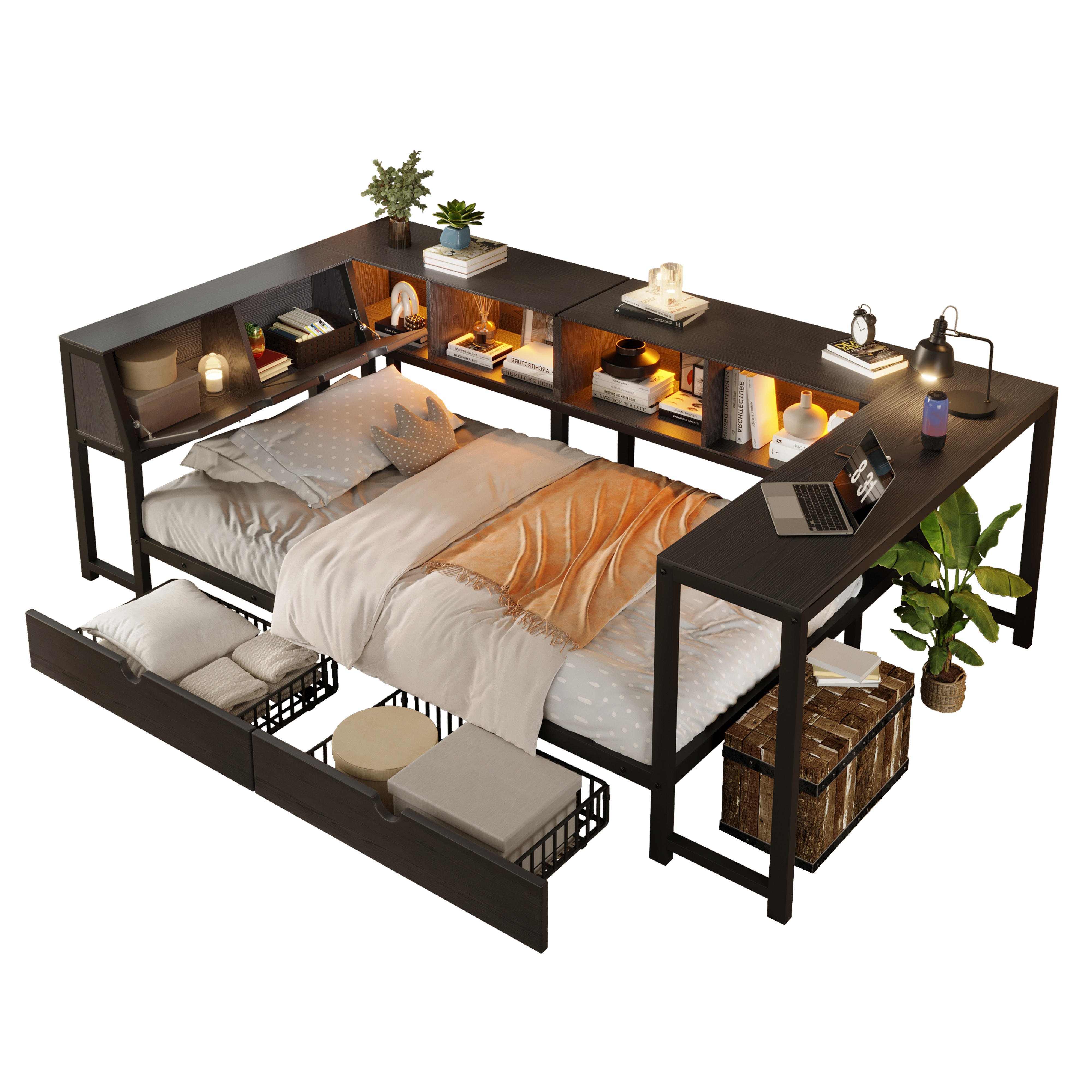 Metalseng 90x200 cm med opbevaring i sengegavlen, sort