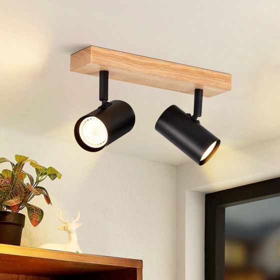 NETTLIFE 2 sorte loftspots i træ, GU10 350° justerbare, industriel retrostil, til stue, soveværelse