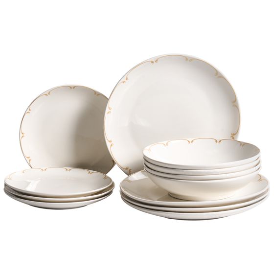 Sæt med 12 stykker service CHAROLI Porcelæn Hvid/guld