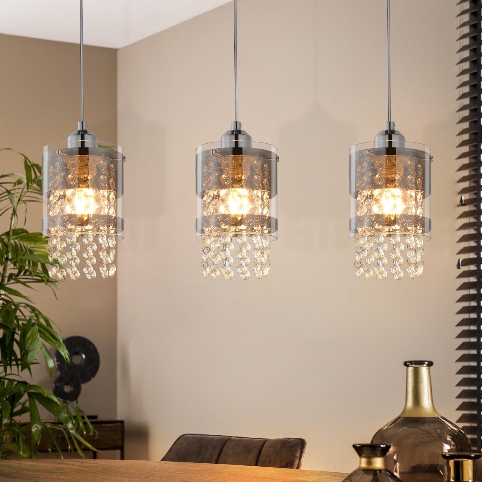 NETTLIFE pendellampe, 3 pærer, E27, moderne, diameter 60 cm, højdejusterbar, glas og krystal maks. 25 W