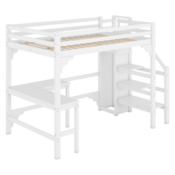 Højseng 140 x 200 cm, hvid fyrretræ, L-formet skrivebord + åben garderobe