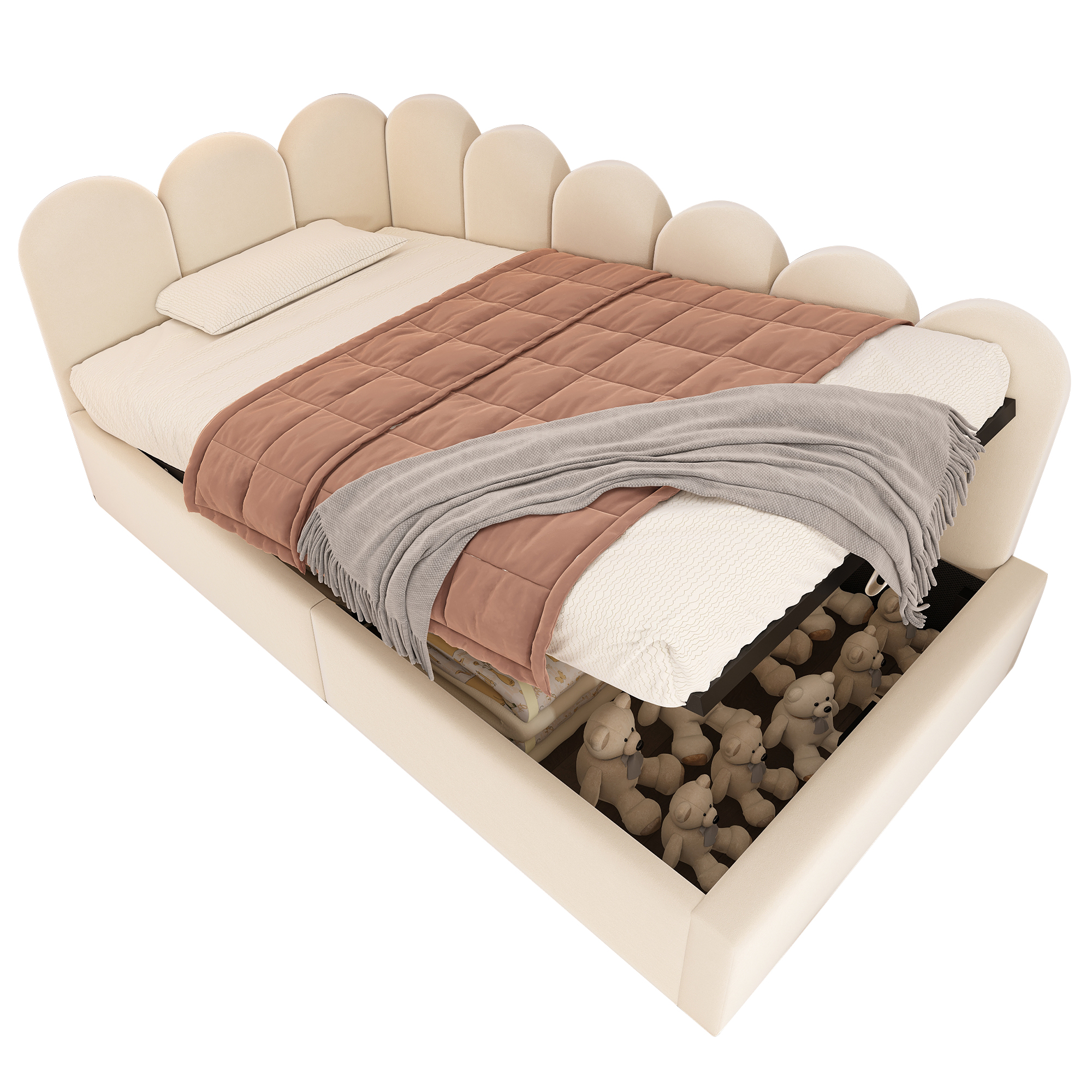 seng 90x190 cm beige i fløjl med metal-lattenrost og hydraulisk opbevaring