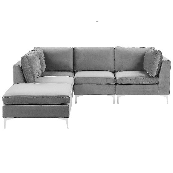 Hjørnesofa modul 4 personers EVJA med fodskammel Velour Grå Højrevendt
