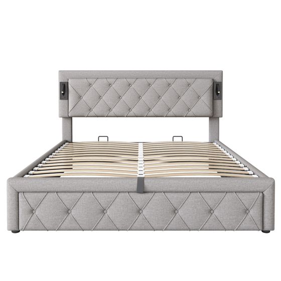 Hydraulisk seng 160 x 200 cm, grå, LED + USB