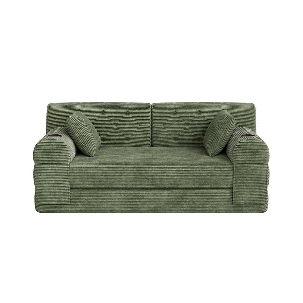 2-personers sofa – kordfløjl, metalstel, kopholder, kompakt, grøn