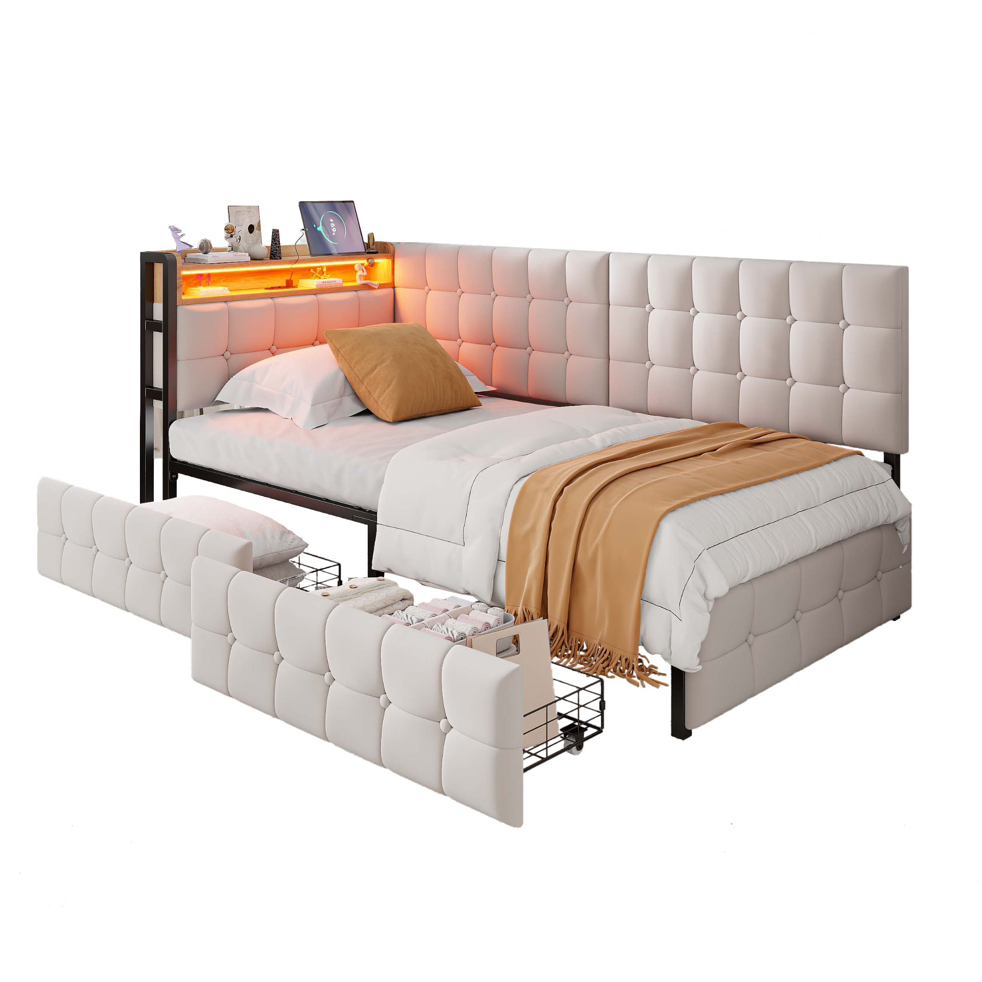 seng 90x200 cm beige stof med skuffer og LED-belysning