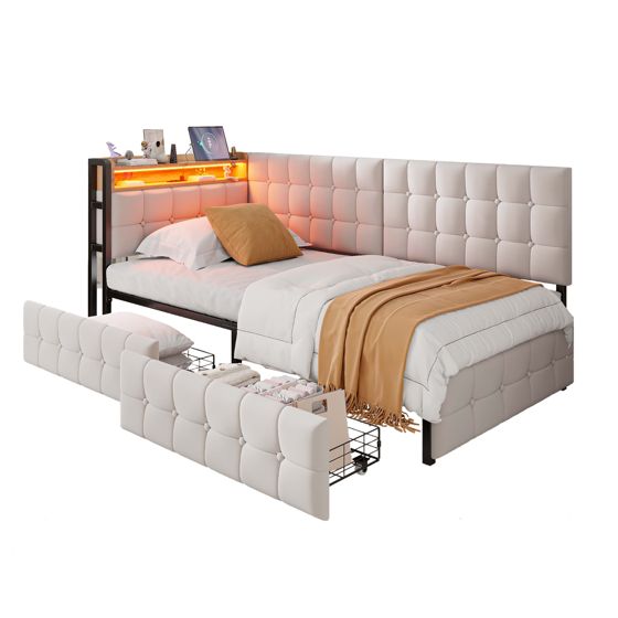 seng 90x200 cm beige stof med skuffer og LED-belysning