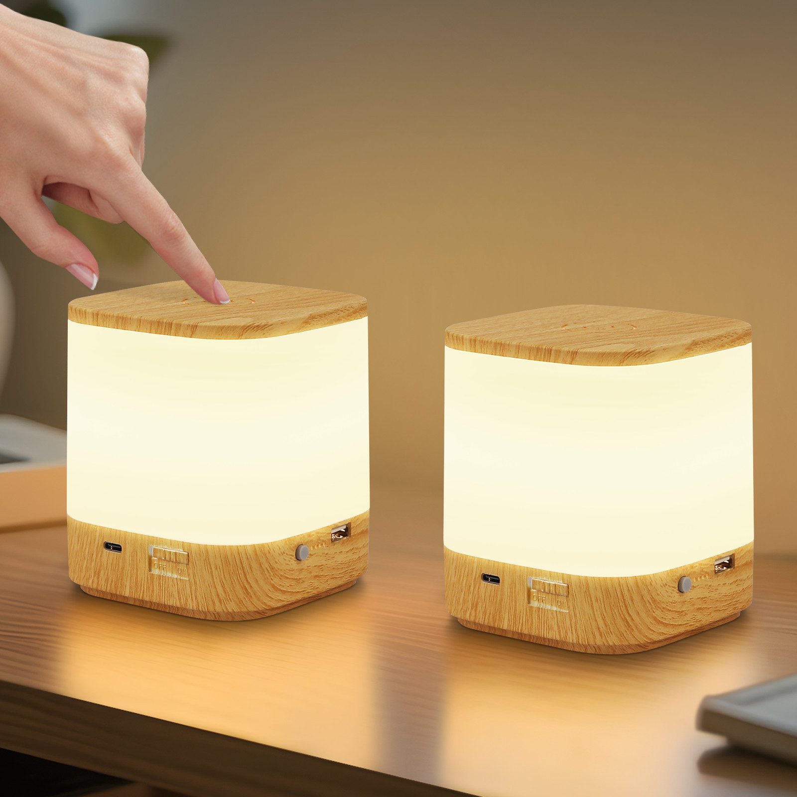 NETTLIFE 2 stk. LED-bordlamper med 1800 mAh genopladeligt batteri, 3000-6500 K USB-touch-dæmper og 3 farvetemperaturer