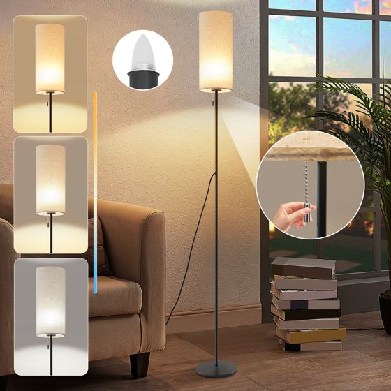 NETTLIFE Dæmpbar LED-gulvlampe Retro stofskærm til stue med trækafbryder
