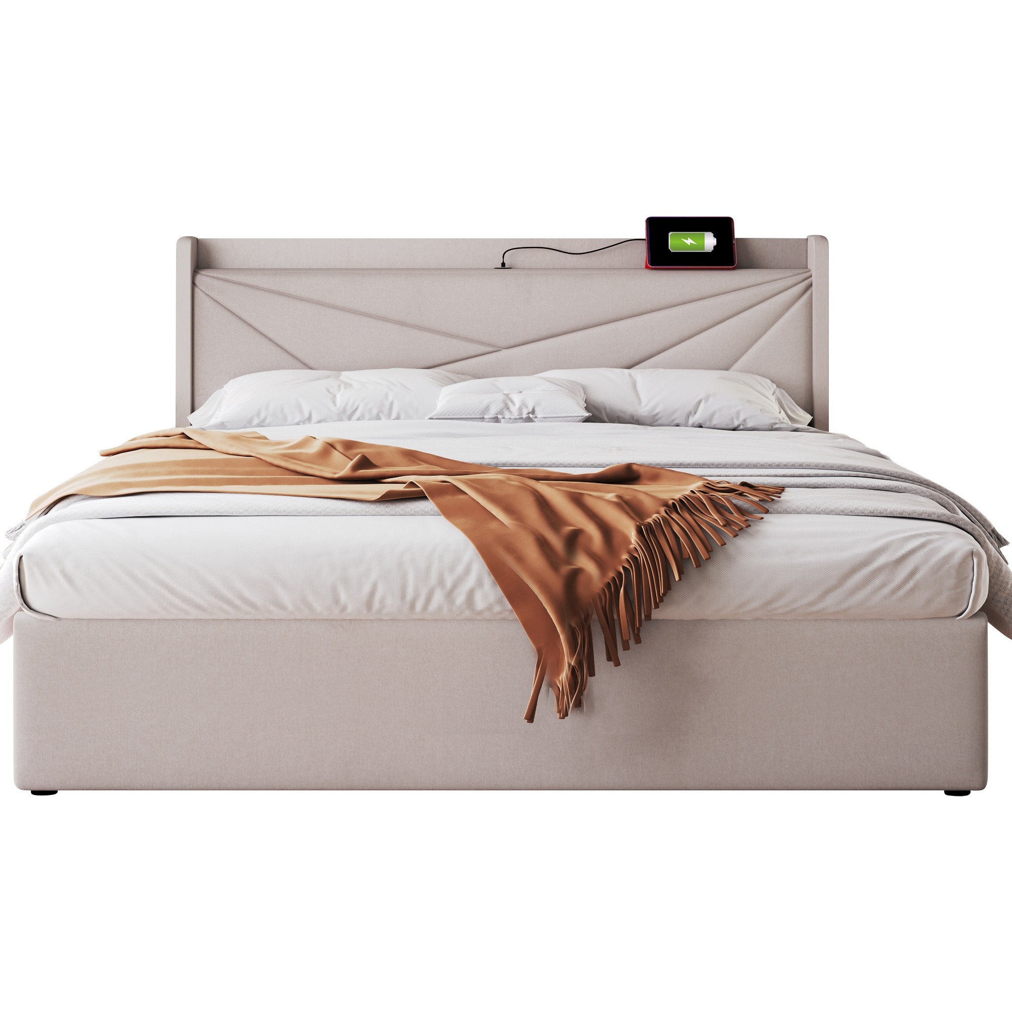 seng 140x200 cm beige i bomuldslinen med opbevaring og usb type-c ladefunktion