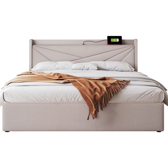 seng 140x200 cm beige i bomuldslinen med opbevaring og usb type-c ladefunktion
