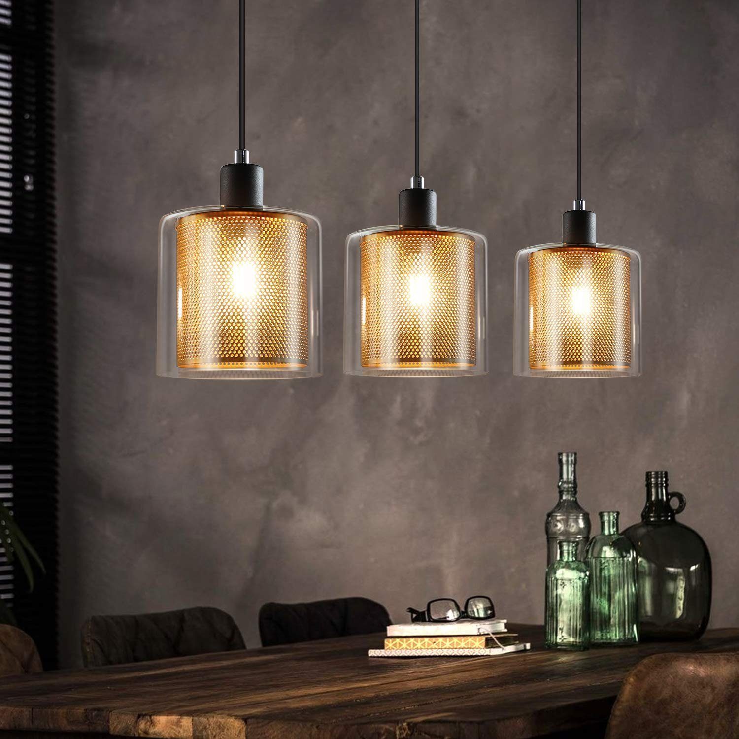 NETTLIFE sortguldmetal, pendellampe E14 diameter, 1715 cm Vintage - industriel, glas, 3 lys til stue, kontor
