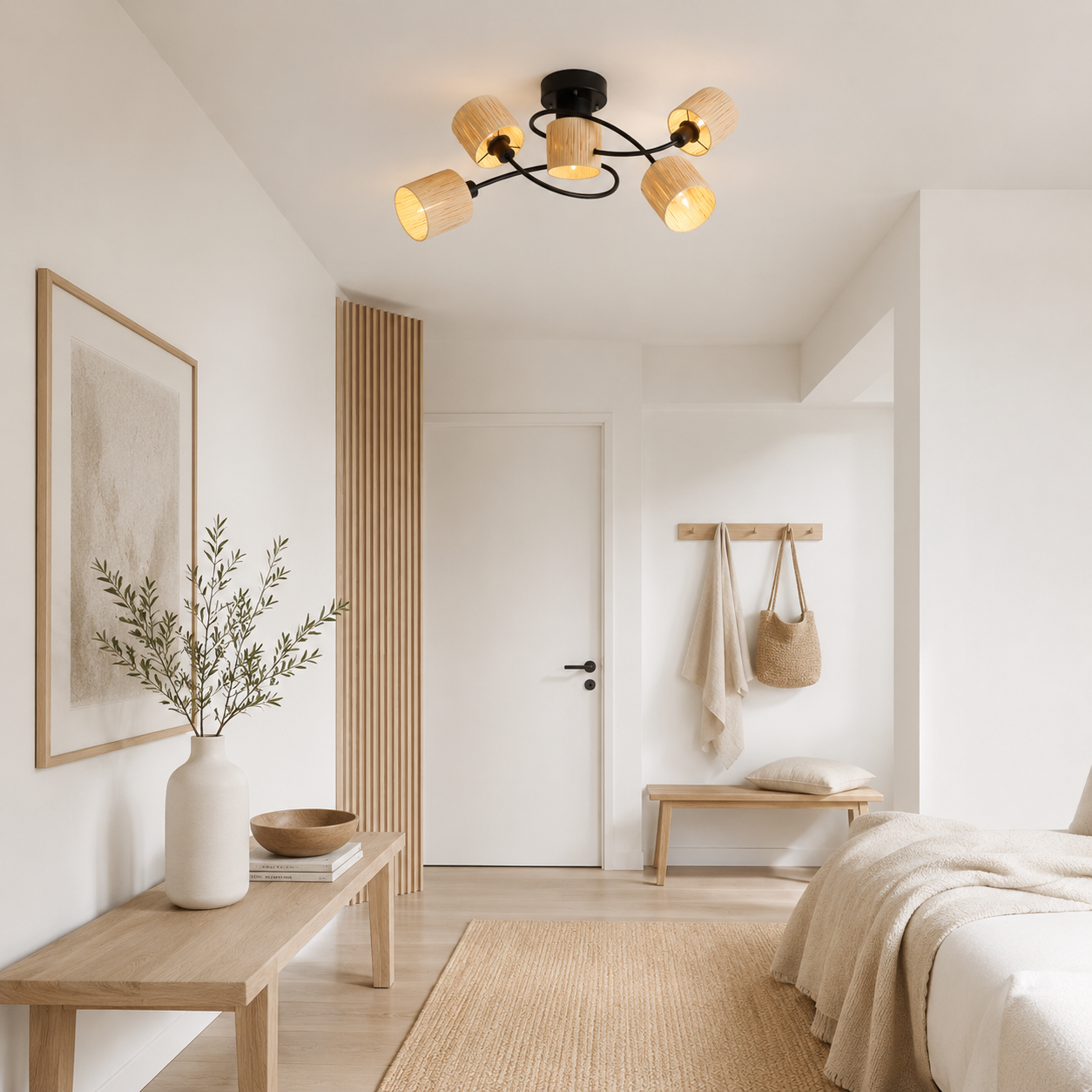 NETTLIFE loftspotlight med 5 flammer, E14, natursort loftslampe, papir, til stuen