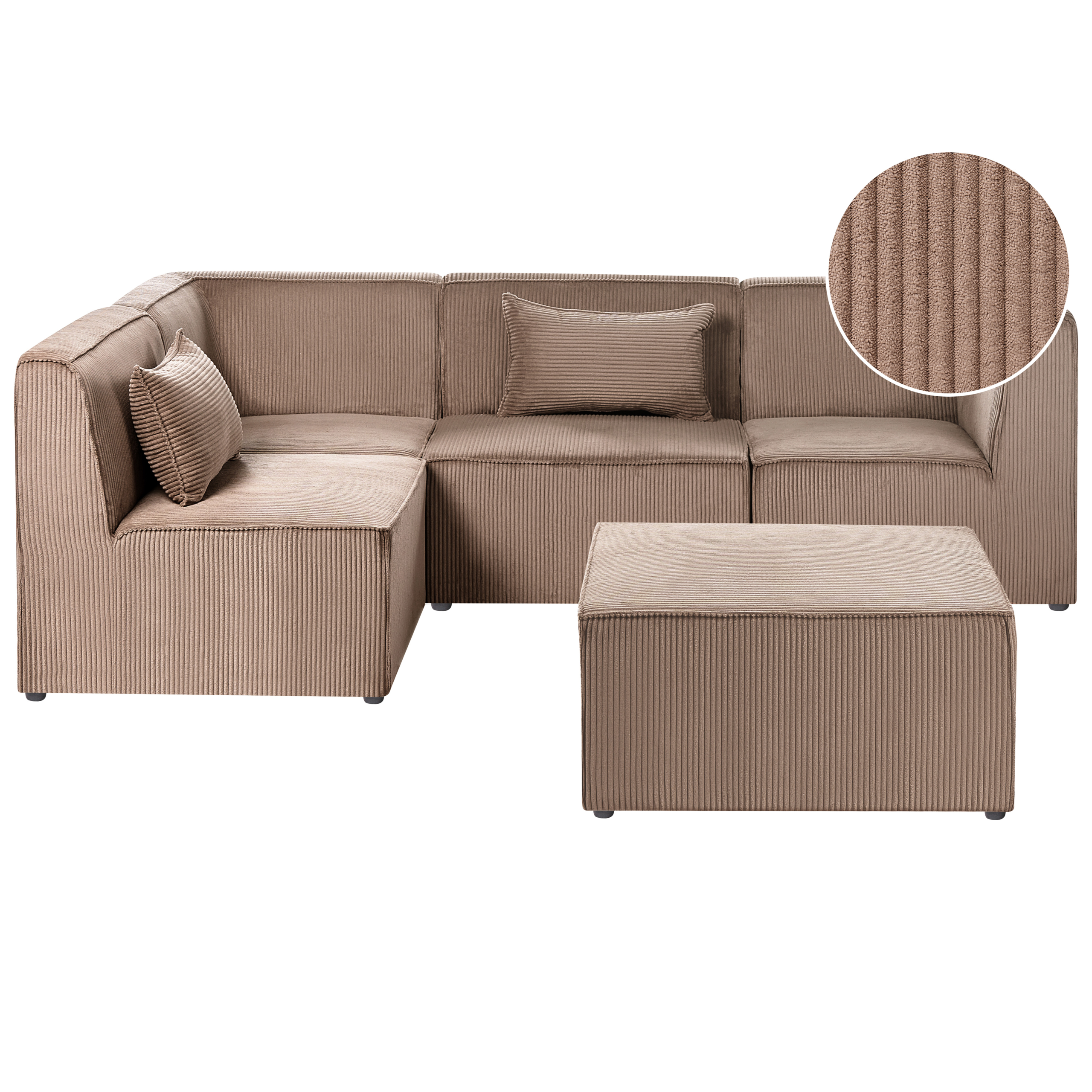 Hjørnesofa modul 4 personers LEMVIG med fodskammel Fløjl Mørk beige Højrevendt